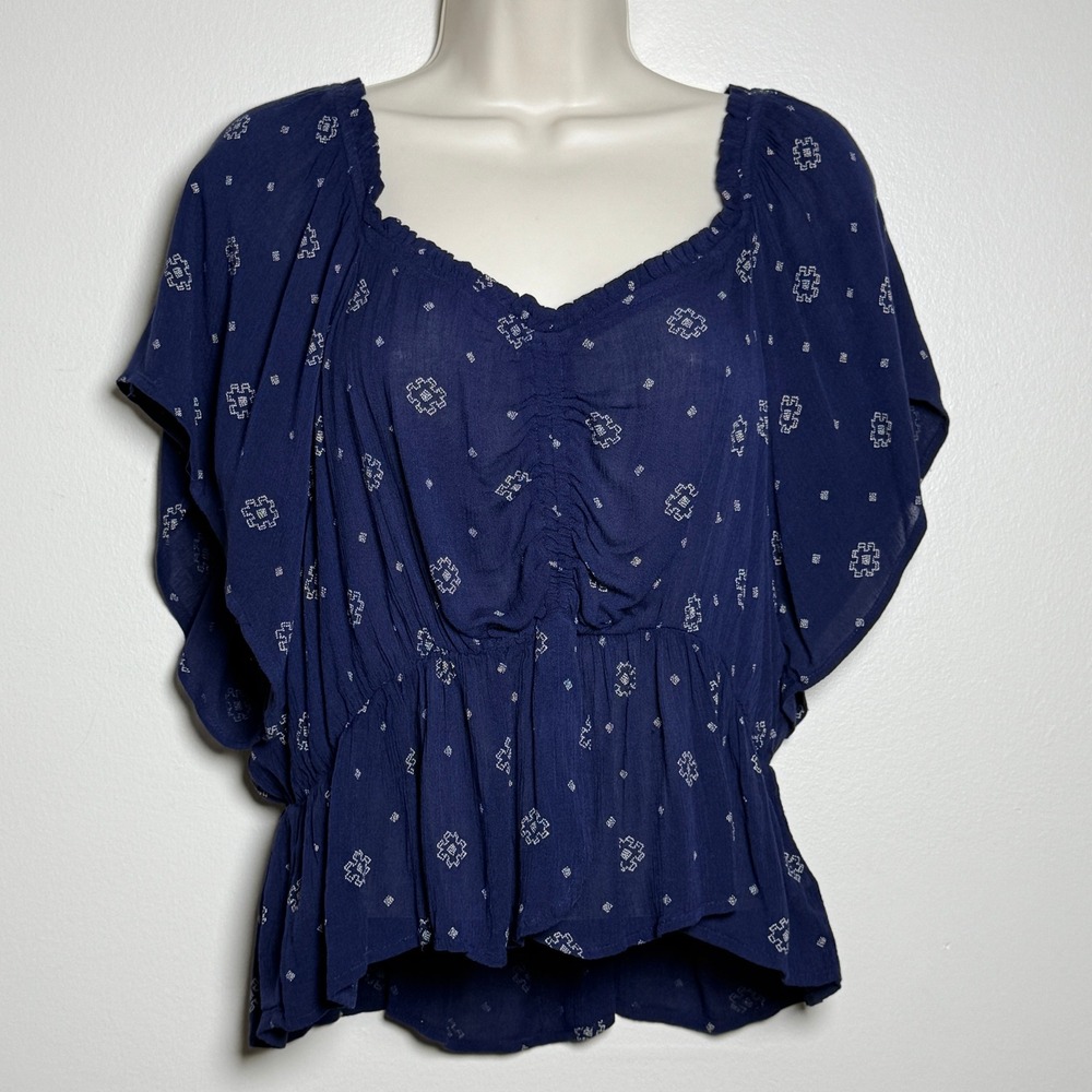 True Craft Womens Crop Knit Top 1X‎ Blue Tribal Babydoll Sheer Boho Indie